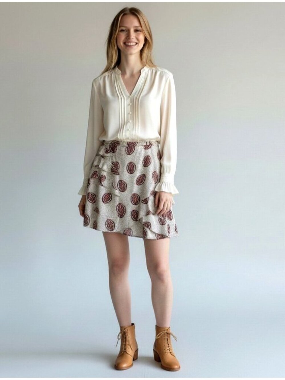 Bimba y Lola Aztec Print Ruffle Mini Skirt US Size 10 EU 42 Cream Black Red